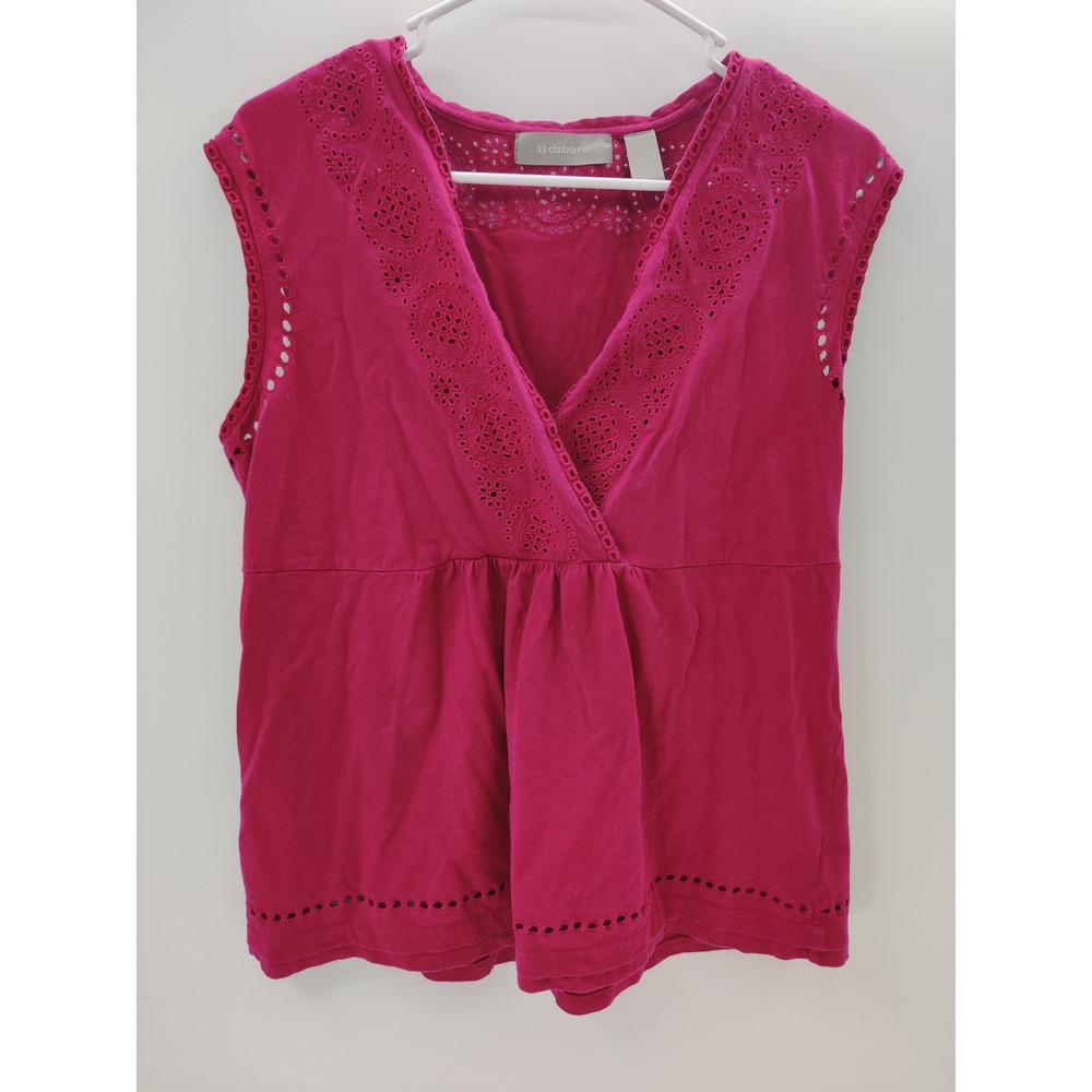 Liz Claiborne Magenta Pink Eyelet Embroidered V-Neck Sleeveless Top Large